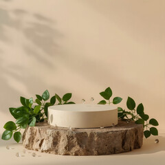 Empty Display Pedestal on Natural Stone &ndash; Wellness Style Background