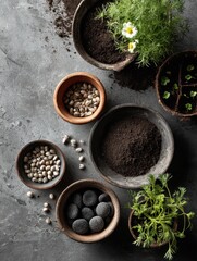 Spring gardening flatlay with seeds, soil, and sprouts in bowls