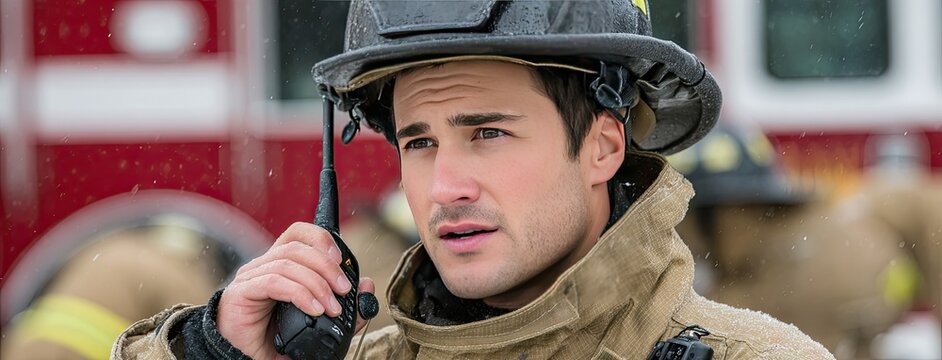 Young handsome firefighter communicates with his team near a fire engine in a bustling parking area during a sunny day