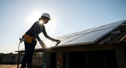 A female worker in a hard hat installs solar panels on a rooftop under a bright, sunny sky.