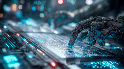 A futuristic AI coding assistant surrounded by glowing holographic code,neural network lines, and 3D interface panels,high-tech lab background, AI robot hand typing on transparent digital keyboard