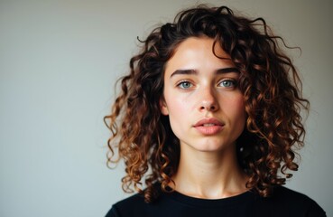 Close-up portrait of a young woman with curly brown hair and blue eyes against a neutral background