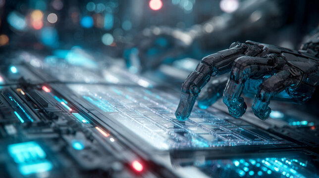 A futuristic AI coding assistant surrounded by glowing holographic code,neural network lines, and 3D interface panels,high-tech lab background, AI robot hand typing on transparent digital keyboard