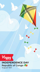 Kite with The Republic of Congo Flag Flying Under Bright Blue Sky with Sunlight and White Doves. The Republic of Congo Independence Day.