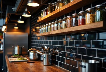 Modern kitchen with black tiled wall and wooden shelves filled with glass jars of spices
