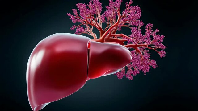 A close up of a red liver with a pink tree branch growing out of it. The liver is shown in a 3D rendering, with the tree branch extending from the top of the liver. Concept of life and vitality