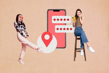 Collage of people using online delivery service with smartphone, location pin, and five-star customer reviews
