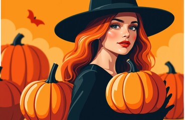 Fototapeta premium Woman dressed as a witch with red hair holding pumpkins in a Halloween scene