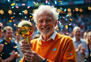 Senior man with white hair and beard holding a golden trophy in celebration at an outdoor event
