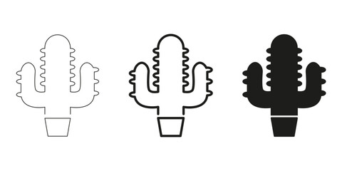 Cactus Plant In Line, Outline, And Glyph Icon Set. Desert Flora And Succulent Symbol Collection. Nature And Botanical Design Elements. Isolated Vector Illustration