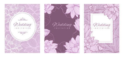 Event invitations with fine lotus. Hand drawn linear flowers, luxury floral wedding templates, gentle botanical cards, pink line lily, spring summer bouquet background splendid vector set
