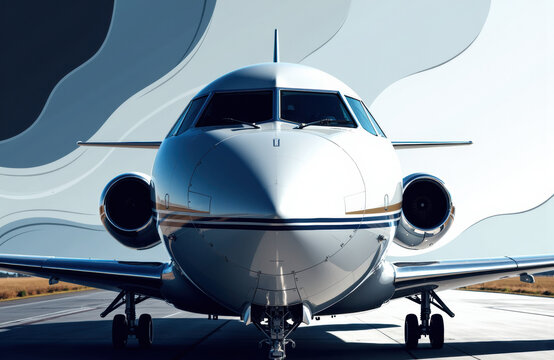 Commercial airplane facing forward on runway with clear sky background