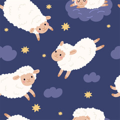 Cute sheep seamless pattern. Funny lambs in evening sky with stars and clouds, good night, counting jumping sheep textile, wrapping paper, wallpaper. Print for fabric garish vector background