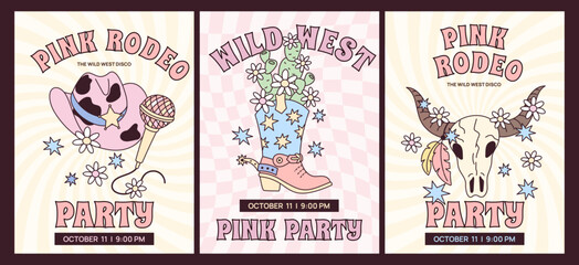 Cowgirl party cards. Wild west girly coquette elements, disco country party cute aesthetic, vintage preppy, glamour rodeo hat boots and cow scull, posters or prints garish vector set