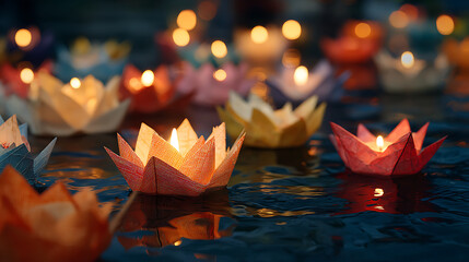 Close Up View of Colorful Floating Paper Lanterns on Water with Bokeh Lighting