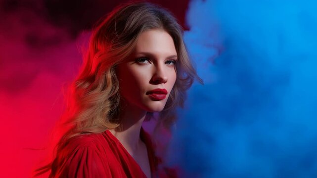 A woman in a red dress stands in front of a blue background with smoke. The smoke is thick and the woman's hair is long. Scene is mysterious and dramatic