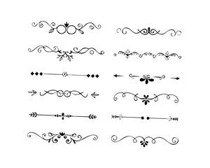Fototapeta premium text dividers doodle set. Wedding decorative elements. Divider ornament, borders, floral, vintage line separators. Hand drawn vector illustration isolated on white background. Set page dividers.