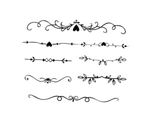 text dividers doodle set. Wedding decorative elements. Divider ornament, borders, floral, vintage line separators. Hand drawn vector illustration isolated on white background. Set page dividers.