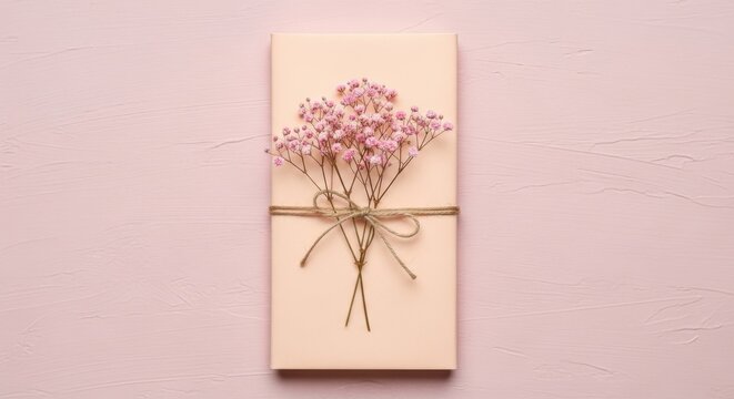 A gift wrapped with babys breath flowers and tied with string