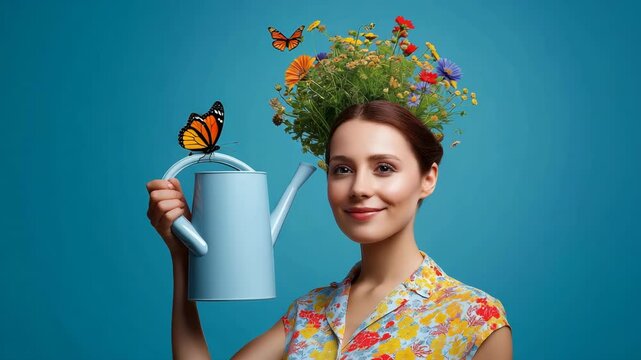 A woman is holding a watering can and has a flowery headband on. The image has a bright and cheerful mood, with the woman's smile and the colorful flowers in her hair