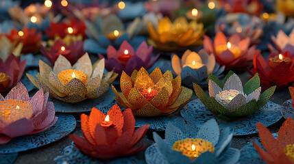 Colorful Floating Lotus Flower Candles with Flickering Flame in Water