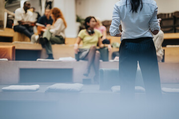 A team of people meeting and collaborating in a creative office space, fostering teamwork and...