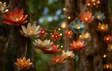 Colorful Lotus Flower Garland with Warm Fairy Lights on Tree Trunk in Soft Bokeh