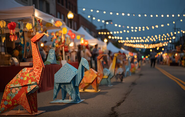 Colorful Origami Animals Displayed at a Festive Evening Street Art Fair with Soft Lighting