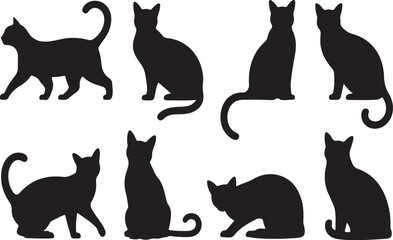 Collection of eight distinct black cat silhouettes in various poses isolated on transparent background silhouette
