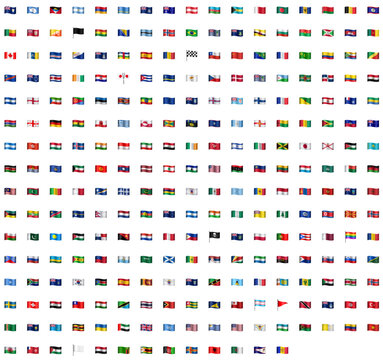 Set of flags icons in emoji style. Flag, countries, territories, geography, Europe, Asia, Africa, South America, North America, Australia, travel, culture, country, global. Vector icon sheet.