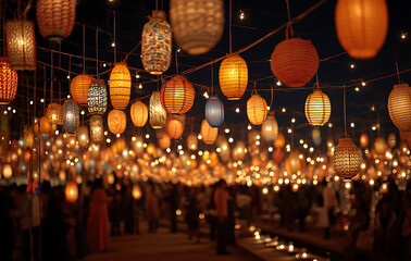 Colorful Paper Lanterns Illuminate Night Festival Crowd