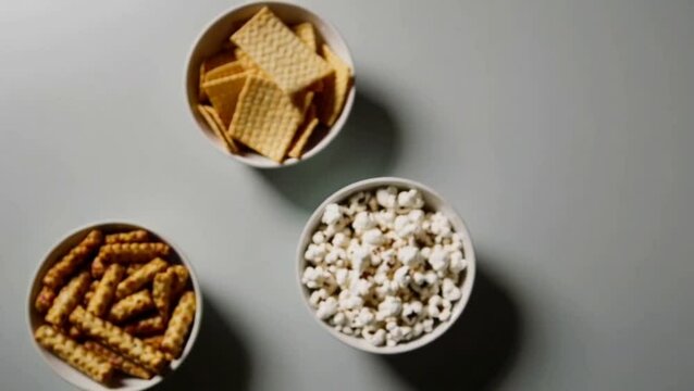 Top view different snacks popcorn rusks and cips on light desk
