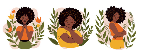 Black woman embracing herself in flat vector style. Illustration about self-love, confidence, and empowerment. Perfect for body positivity, mental health, and diversity themes.