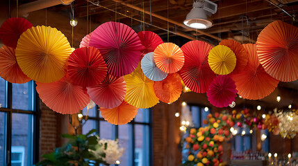 Colorful Paper Lanterns Hanging from Ceiling with Soft Lighting for Party Decoration