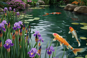 A tranquil garden scene with a koi pond surrounded by blooming irises and lily pads