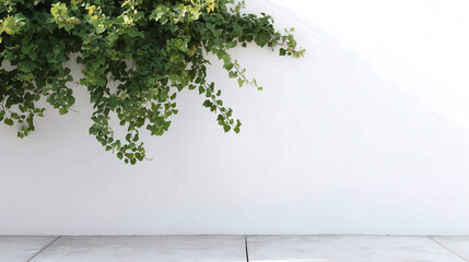 Green vine leaves hanging on minimalist white wall with soft natural light creating calm and fresh atmosphere in outdoor space