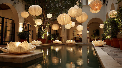Courtyard with Hanging Lanterns Reflecting in Water in Tranquil Evening Atmosphere