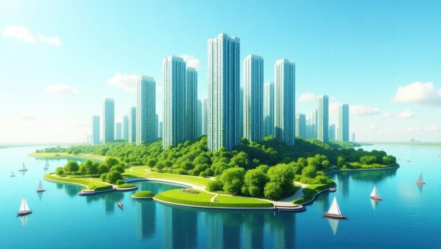 Isla urbana con rascacielos rodeados de parques verdes y v&iacute;as fluviales, que simbolizan la vida urbana ecol&oacute;gica