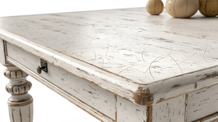 A closeup of a distressed white wooden table with antique detailing and a rustic farmhouse style isolated on transparent background