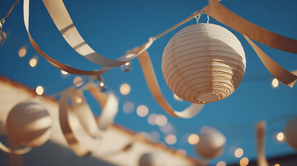 Cream Paper Lanterns and String Lights Hanging Outdoors Under Blue Sky