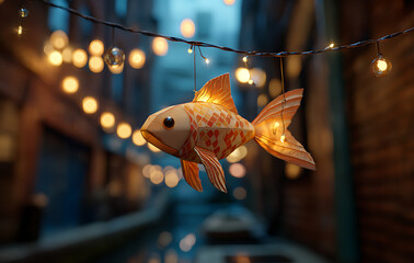 Decorative Orange Fish Hanging Amidst Glowing String Lights in Urban Street at Night
