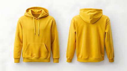 Front and back view of a yellow unisex hoodie on white background