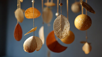 Delicate Mobile Ornament with Geometric Shapes in Earth Tones Hanging in Warm Light