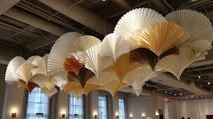 Elaborate Paper Fan Sculpture Installation in Cream and Gold Tones Hanging from Ceiling