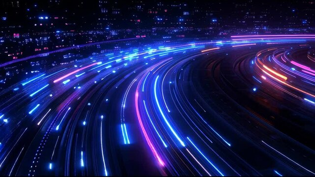 Vibrant Display of Neon Lights Creates Futuristic Scene with Streaks of Blue and Pink Racing Along Curved Path, Resembling Digital Highway