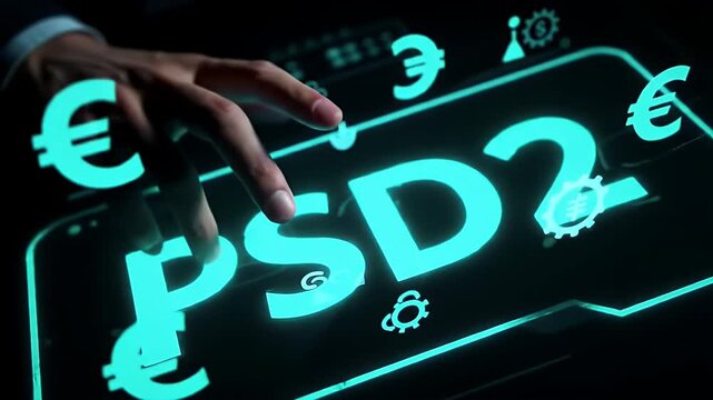 Close Up Hand Touching Blue Psd2 Hologram On Black Background Displaying Banking Finance Regulation Compliance And Authentication