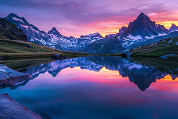 A tranquil mountain lake at dawn, the still water perfectly reflecting the colorful sunrise and the surrounding peaks, creating a mirror-like effect