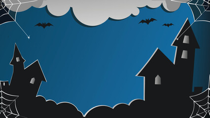 Illustration of haunted houses with bats and spiderwebs on a blue background with clouds