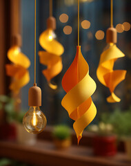 Elegant Yellow Paper Ornaments Hanging from Light Bulbs with a Warm Festive Glow