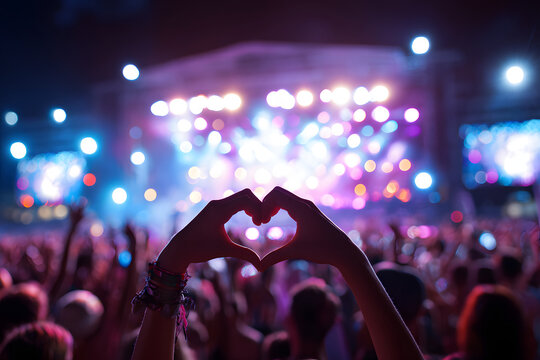 音楽フェスティバルの夜、手でハートを作る観客のシルエット